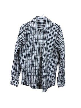 Bugatchi Uomo Flip Cuff Shirt Medium Black White Plaid Dark Academia Modern Prep